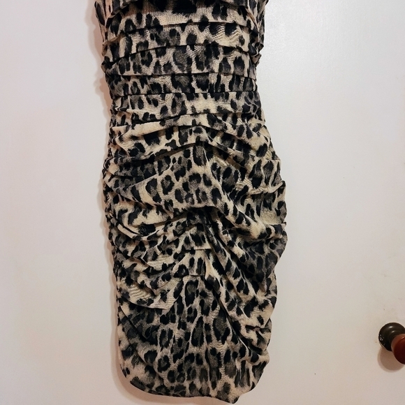 Allen B Cheetah Print Mesh Ruched Asymmetrical Mini Dress Black Beige X Small - Picture 5 of 12